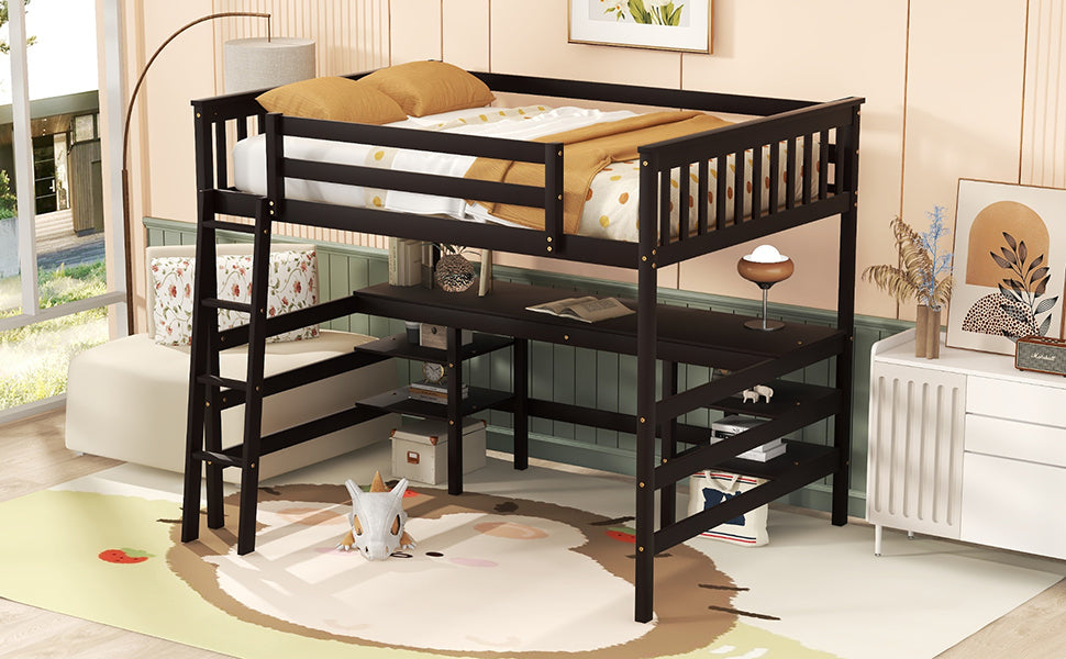 Full Size Loft Bed with Desk and Shelves Wooden Full Loft Bed, Espresso - Home Elegance USA