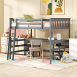 Full Size Loft Bed with Desk and Shelves Wooden Full Loft Bed, Grey - Home Elegance USA