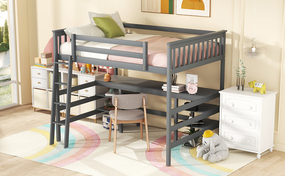 Full Size Loft Bed with Desk and Shelves Wooden Full Loft Bed, Grey - Home Elegance USA