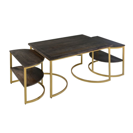 38 Inch Rectangle Metal Nesting Coffee Table - 3 pcs set, Dark Brown, Gold Home Elegance USA