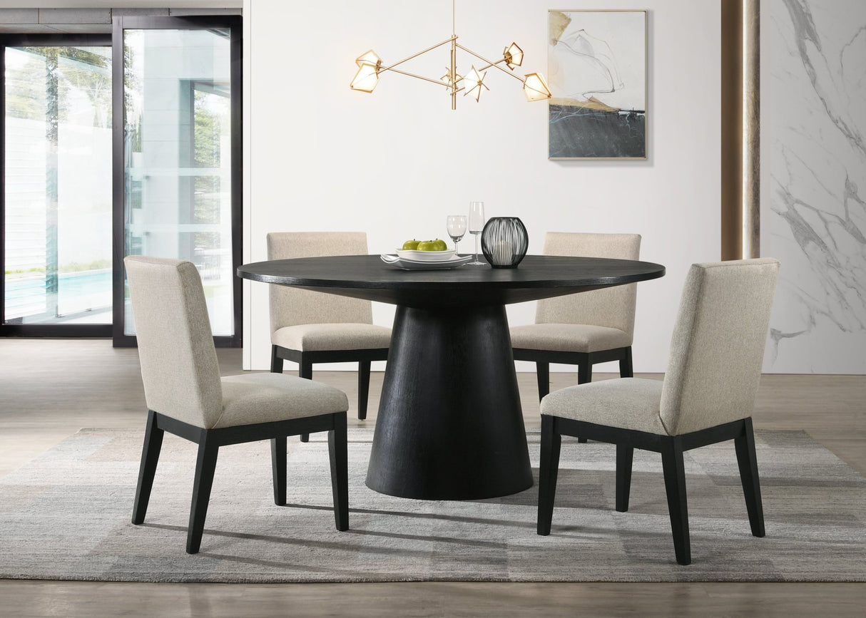 Jasper Ebony Black 5 Piece 59" Wide Contemporary Round Dining Table Set with Beige Fabric Chairs - Home Elegance USA
