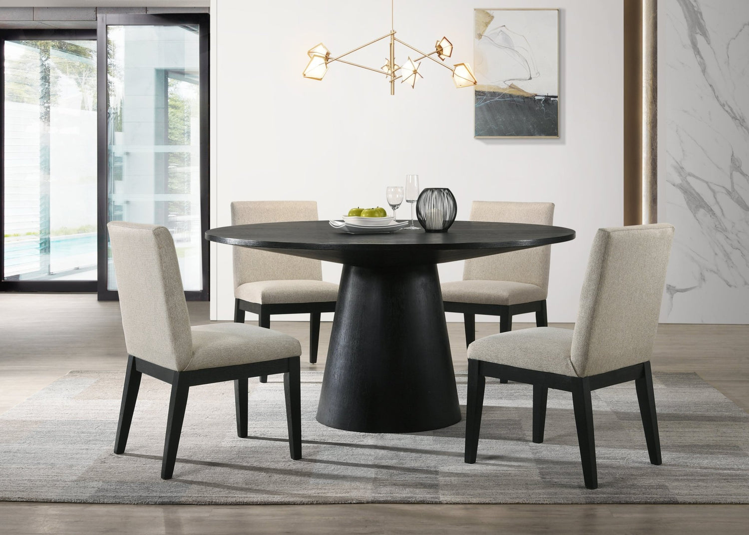 Jasper Ebony Black 5 Piece 59" Wide Contemporary Round Dining Table Set with Beige Fabric Chairs - Home Elegance USA