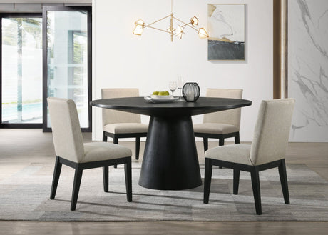 Jasper Ebony Black 5 Piece 59" Wide Contemporary Round Dining Table Set with Beige Fabric Chairs - Home Elegance USA