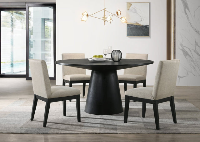 Jasper Ebony Black 5 Piece 59" Wide Contemporary Round Dining Table Set with Beige Fabric Chairs - Home Elegance USA