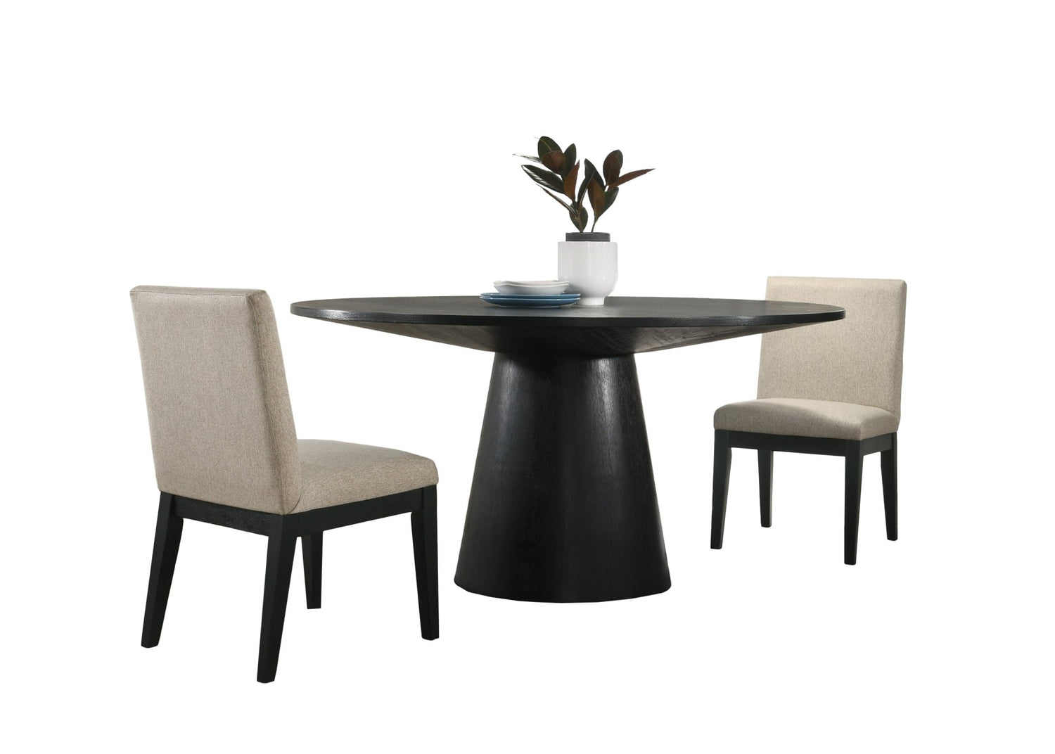 Jasper Ebony Black 3 Piece 59" Wide Contemporary Round Dining Table Set with Beige Fabric Chairs - Home Elegance USA