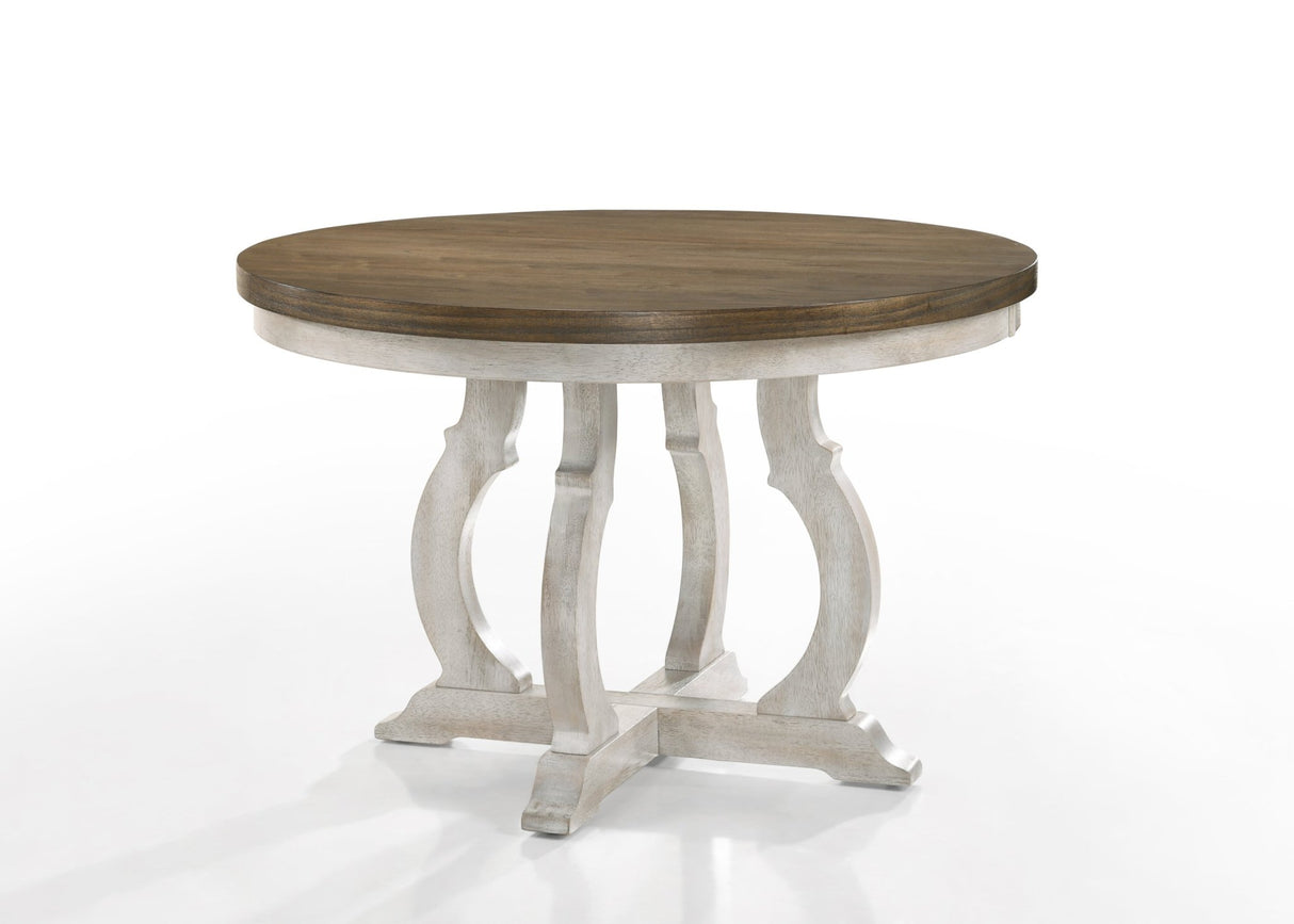 Havanna Vintage Walnut 5 Piece 47" Wide Contemporary Round Dining Table Set with Off White Fabric Chairs - Home Elegance USA