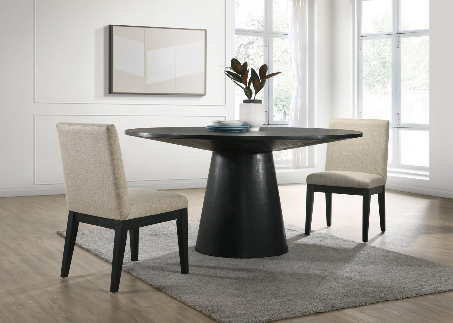Jasper Ebony Black 3 Piece 59" Wide Contemporary Round Dining Table Set with Beige Fabric Chairs - Home Elegance USA