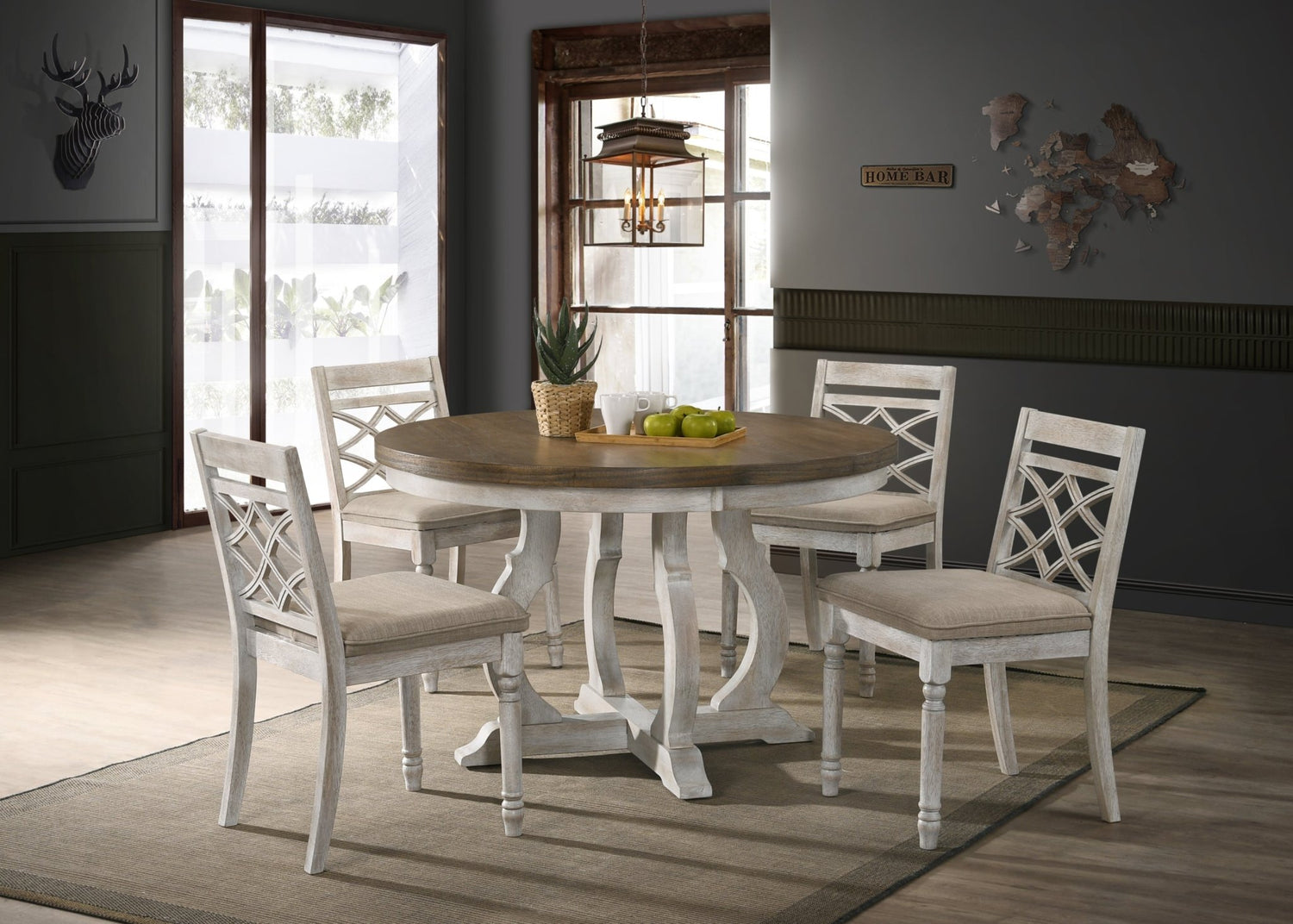 Havanna Vintage Walnut 5 Piece 47" Wide Contemporary Round Dining Table Set with Off White Fabric Chairs - Home Elegance USA