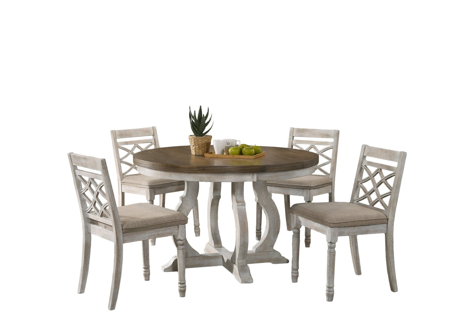 Havanna Vintage Walnut 5 Piece 47" Wide Contemporary Round Dining Table Set with Off White Fabric Chairs - Home Elegance USA
