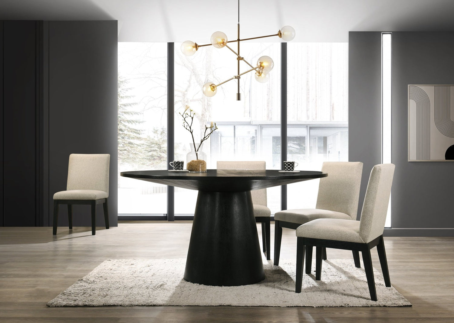 Jasper Ebony Black 5 Piece 59" Wide Contemporary Round Dining Table Set with Beige Fabric Chairs - Home Elegance USA