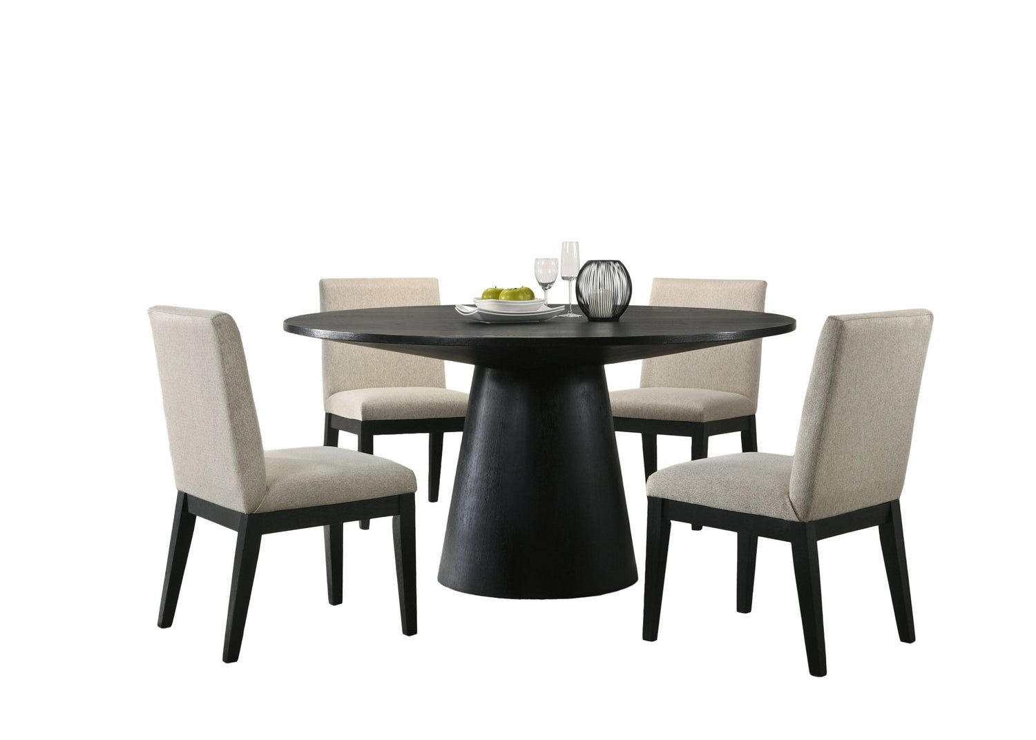 Jasper Ebony Black 5 Piece 59" Wide Contemporary Round Dining Table Set with Beige Fabric Chairs - Home Elegance USA