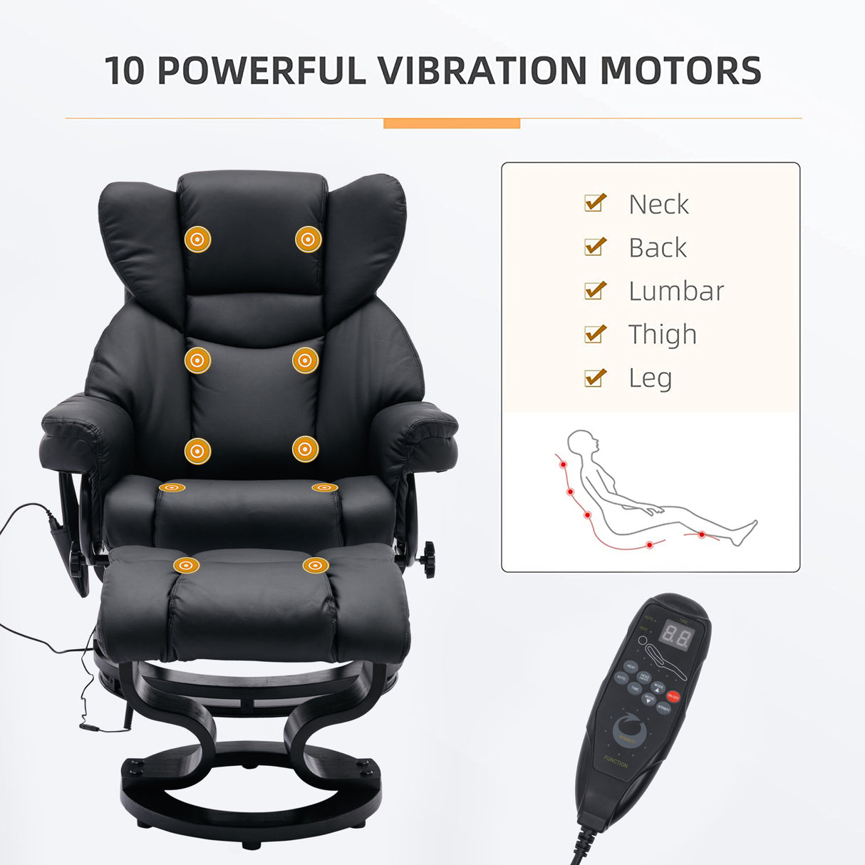 Massage Recliner and Ottoman, PU Leisure Office Chair with 10 Vibration Points, Adjustable Backrest, Side Pocket and Remote Control, for Living Room, Study, Bedroom, Black Home Elegance USA