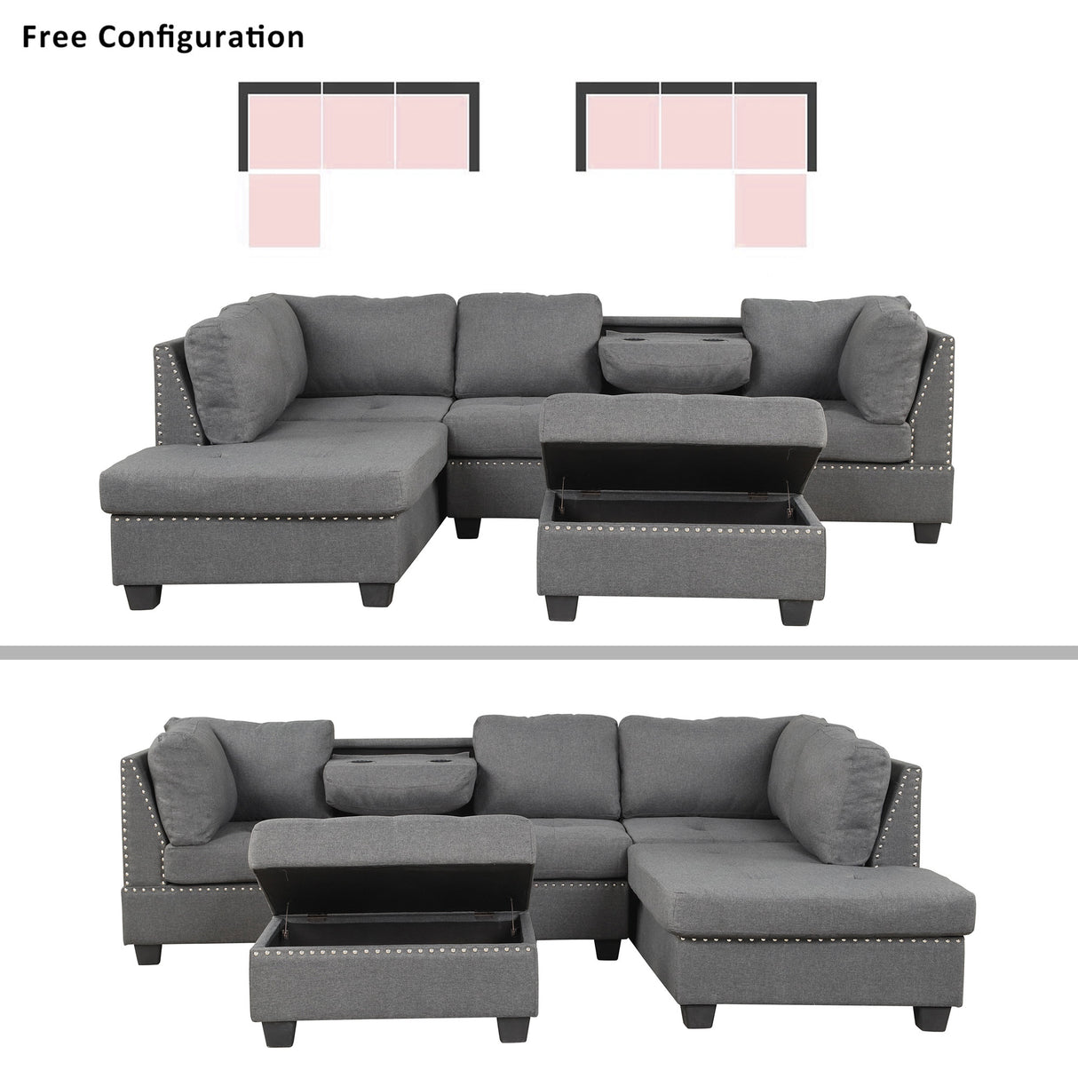 104.5" Reversible Sectional Sofa Space Saving with Storage Ottoman Rivet Ornament L - shape Couch for Small or Large Space Dorm Apartment,Gray(old SG000405AAA) | Home Elegance USA