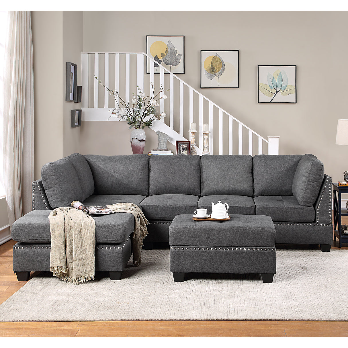 104.5" Reversible Sectional Sofa Space Saving with Storage Ottoman Rivet Ornament L - shape Couch for Small or Large Space Dorm Apartment,Gray(old SG000405AAA) | Home Elegance USA