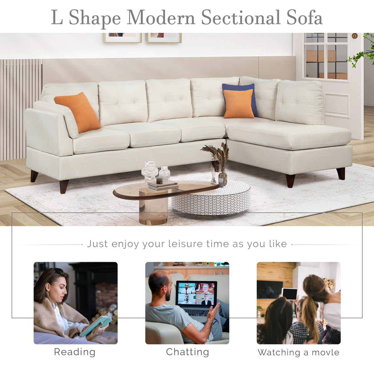 97.2" Modern Linen Fabric Sofa, L - Shape Couch with Chaise Lounge,Sectional Sofa with one Lumbar Pad,Beige | Home Elegance USA