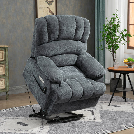 23" Seat Width and High Back Medium Size Blue Chenille Power Lift Recliner Chair with 8-Point Vibration Massage and Lumbar Heating Home Elegance USA