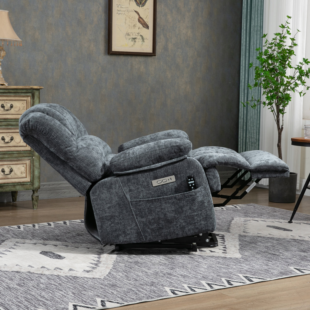 23" Seat Width and High Back Medium Size Blue Chenille Power Lift Recliner Chair with 8-Point Vibration Massage and Lumbar Heating Home Elegance USA
