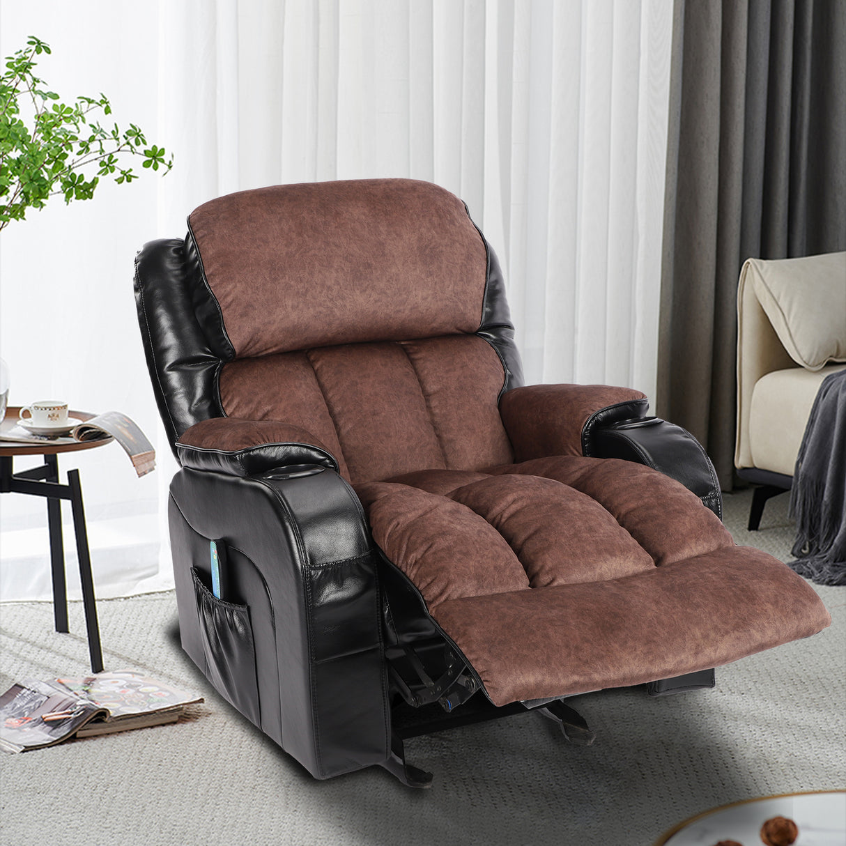 Recliner Chair Heating massage for Living Room with Rocking Function and Side Pocket (Black Brown) Home Elegance USA