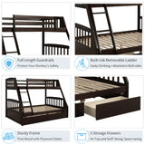 TOPMAX Solid Wood Twin Over Full Bunk Bed with Two Storage Drawers, Espresso - Home Elegance USA