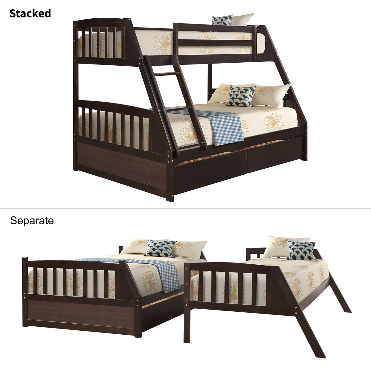 TOPMAX Solid Wood Twin Over Full Bunk Bed with Two Storage Drawers, Espresso - Home Elegance USA