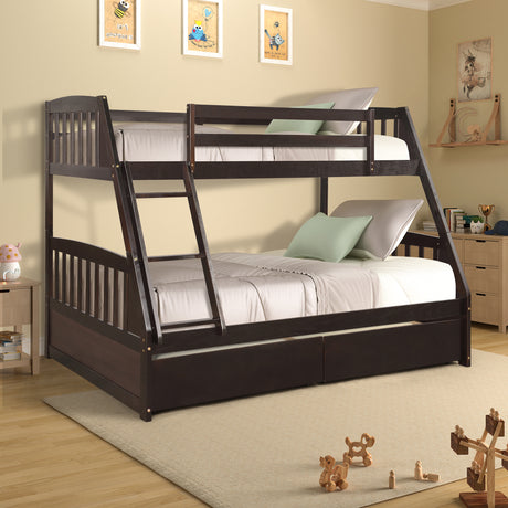 TOPMAX Solid Wood Twin Over Full Bunk Bed with Two Storage Drawers, Espresso - Home Elegance USA