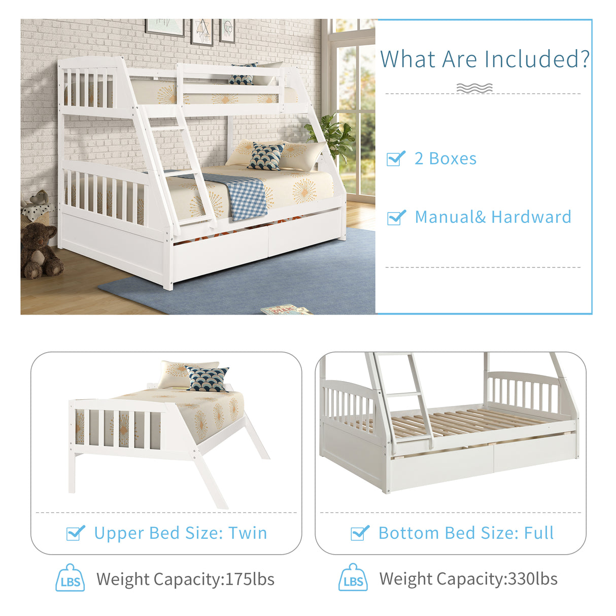 TOPMAX Solid Wood Twin Over Full Bunk Bed with Two Storage Drawers, White - Home Elegance USA