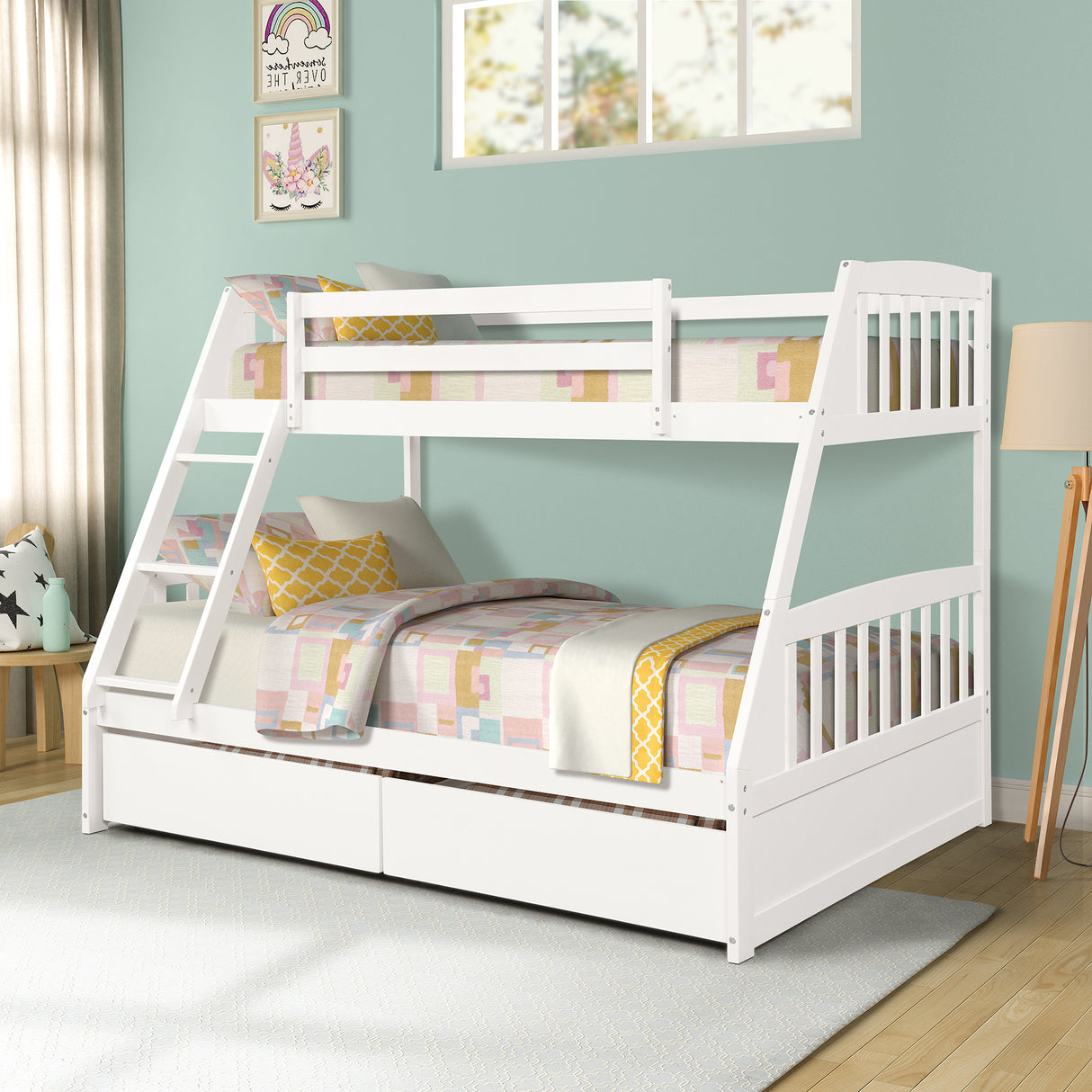 TOPMAX Solid Wood Twin Over Full Bunk Bed with Two Storage Drawers, White - Home Elegance USA