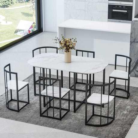 TOPMAX Modern 7-Piece Dining Table Set with Faux Marble Compact 55Inch Kitchen Table Set for 6, Black+White - Home Elegance USA