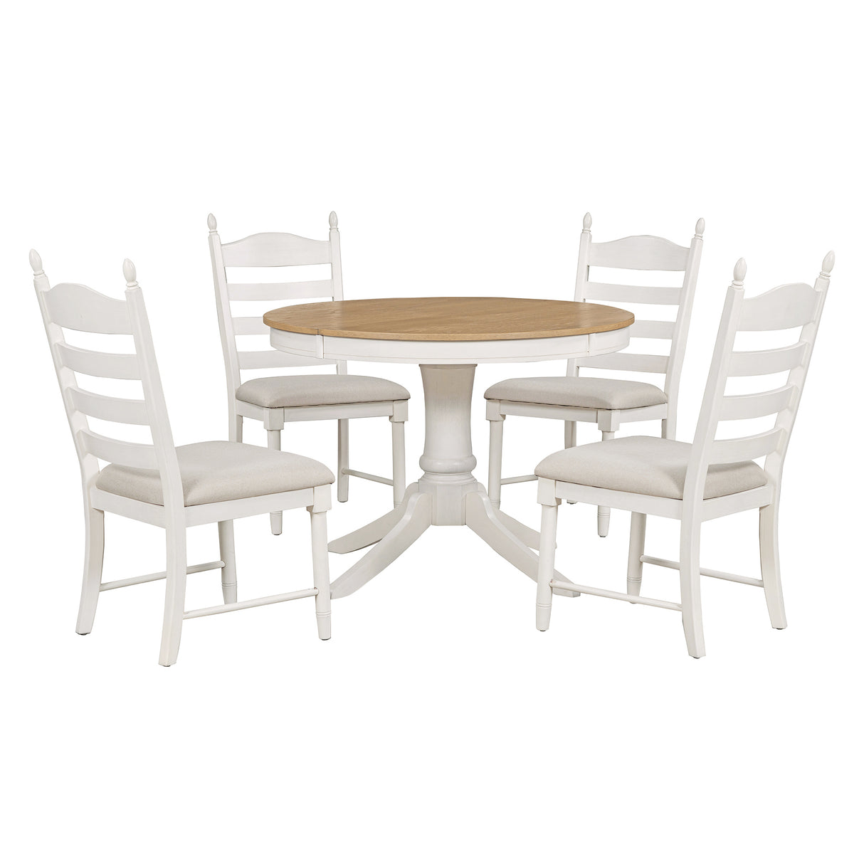 TREXM 5-Piece Retro Functional Dining Table Set Wood Round Extendable Dining Table and 4 Upholstered Dining Chairs (Off White) - Home Elegance USA