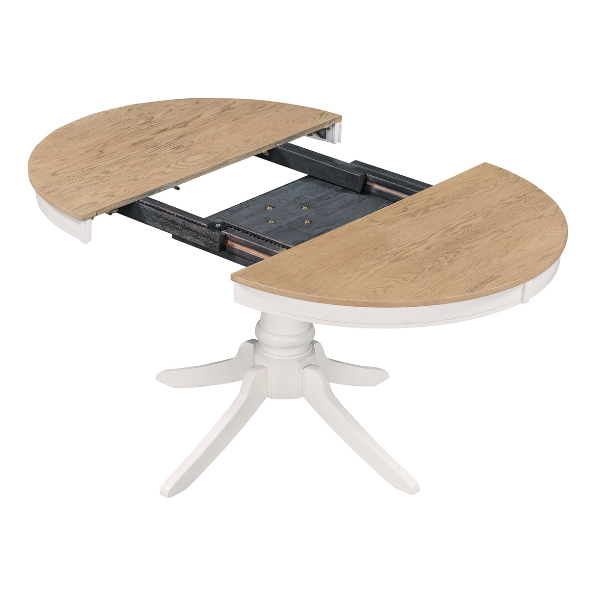 TREXM 5-Piece Retro Functional Dining Table Set Wood Round Extendable Dining Table and 4 Upholstered Dining Chairs (Off White) - Home Elegance USA