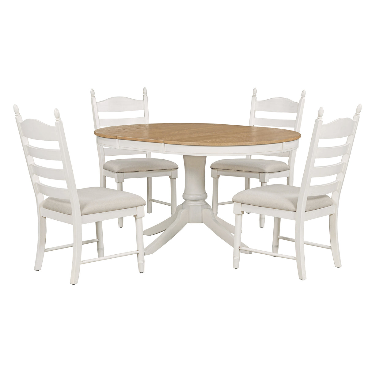 TREXM 5-Piece Retro Functional Dining Table Set Wood Round Extendable Dining Table and 4 Upholstered Dining Chairs (Off White) - Home Elegance USA