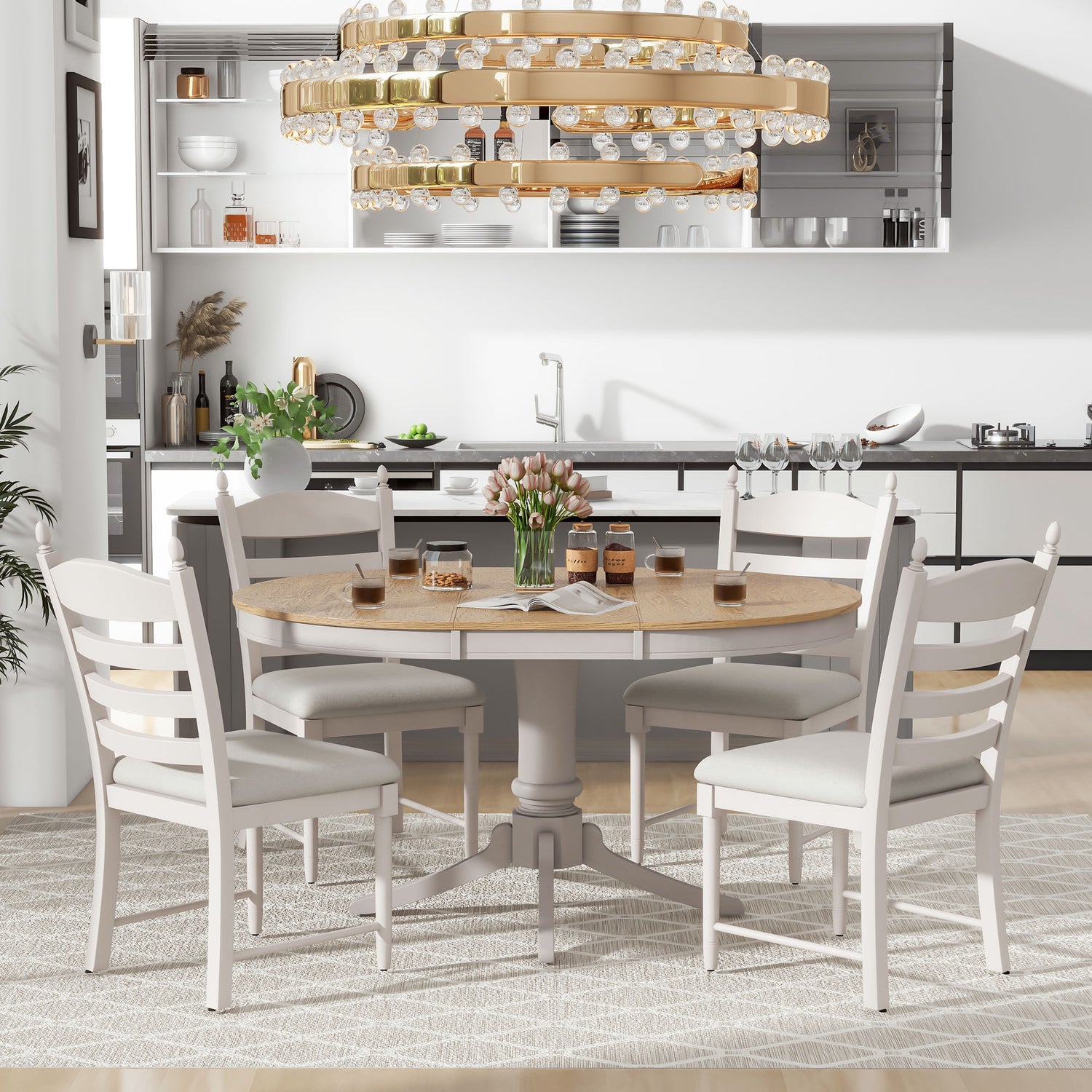 TREXM 5-Piece Retro Functional Dining Table Set Wood Round Extendable Dining Table and 4 Upholstered Dining Chairs (Off White) - Home Elegance USA