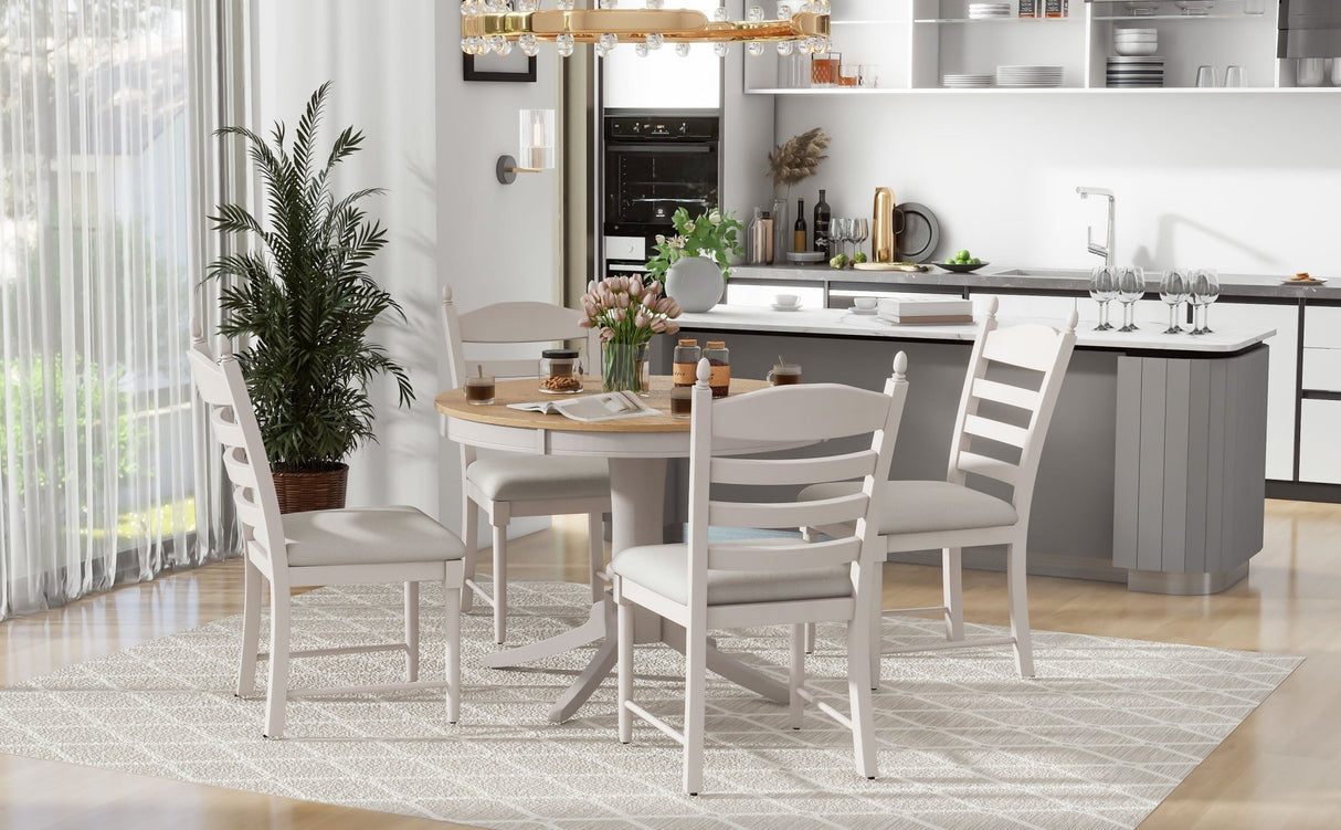 TREXM 5-Piece Retro Functional Dining Table Set Wood Round Extendable Dining Table and 4 Upholstered Dining Chairs (Off White) - Home Elegance USA