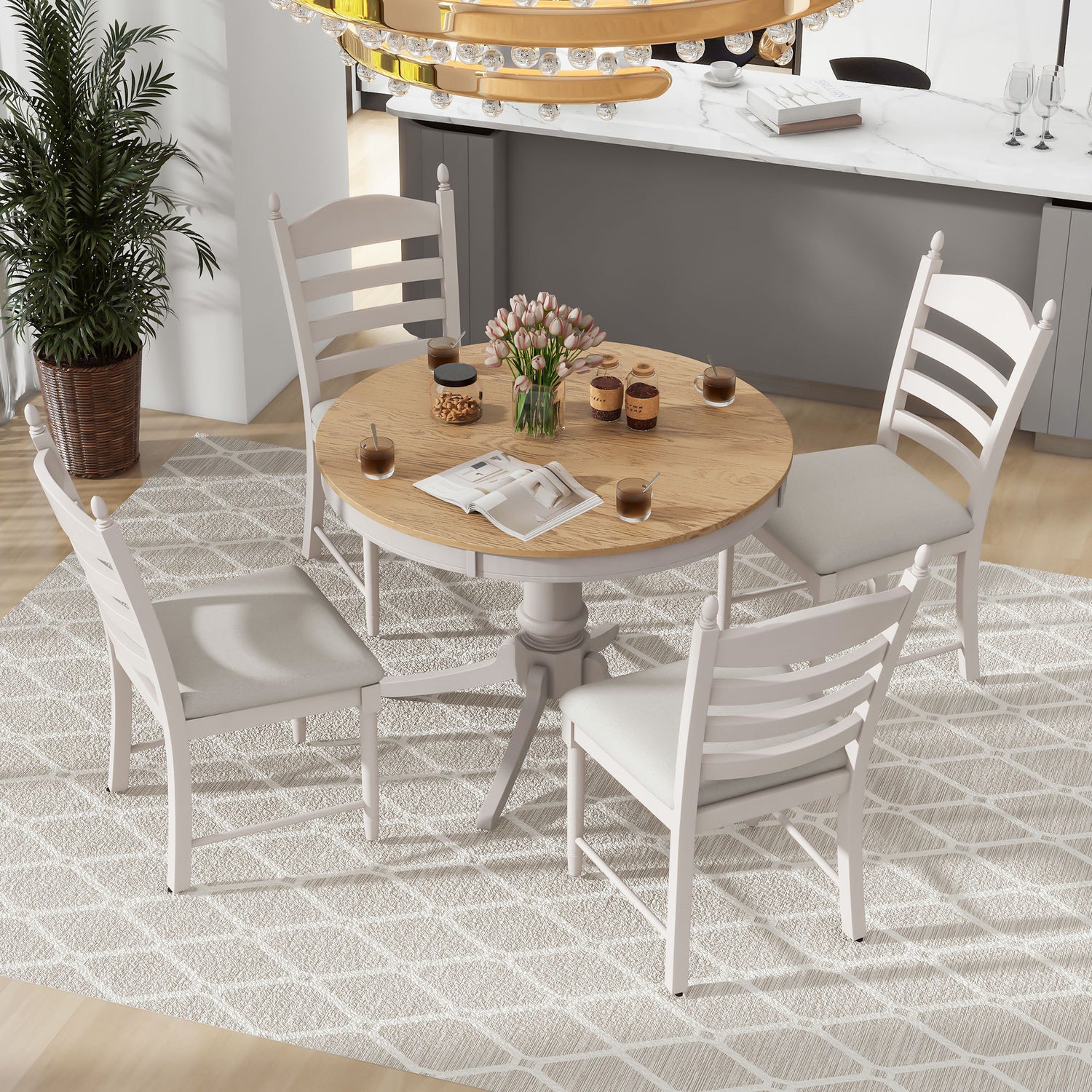 TREXM 5-Piece Retro Functional Dining Table Set Wood Round Extendable Dining Table and 4 Upholstered Dining Chairs (Off White) - Home Elegance USA