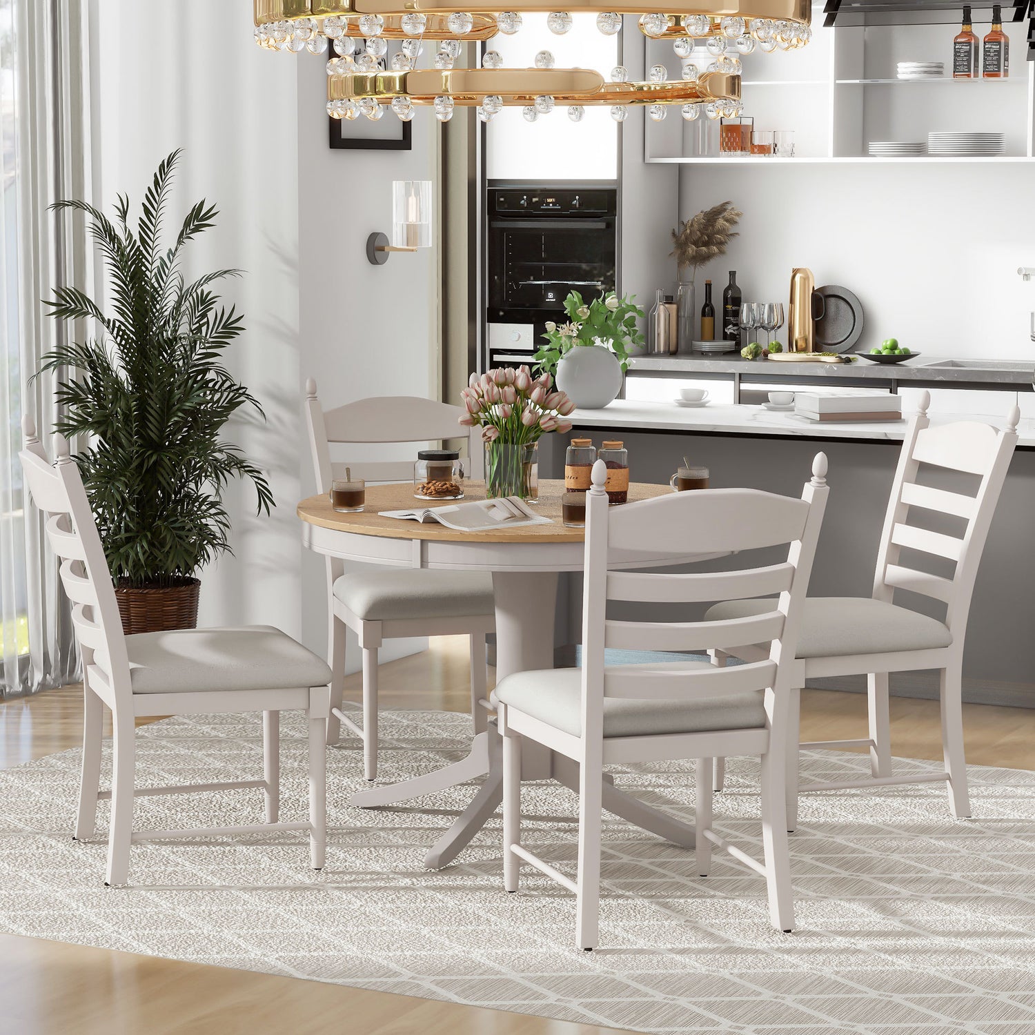 TREXM 5-Piece Retro Functional Dining Table Set Wood Round Extendable Dining Table and 4 Upholstered Dining Chairs (Off White) - Home Elegance USA