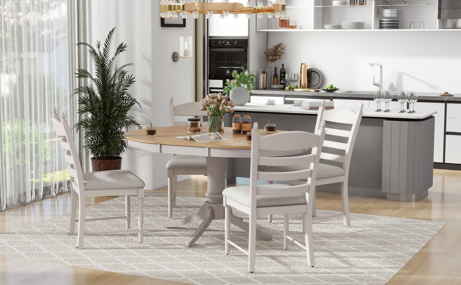 TREXM 5-Piece Retro Functional Dining Table Set Wood Round Extendable Dining Table and 4 Upholstered Dining Chairs (Off White) - Home Elegance USA