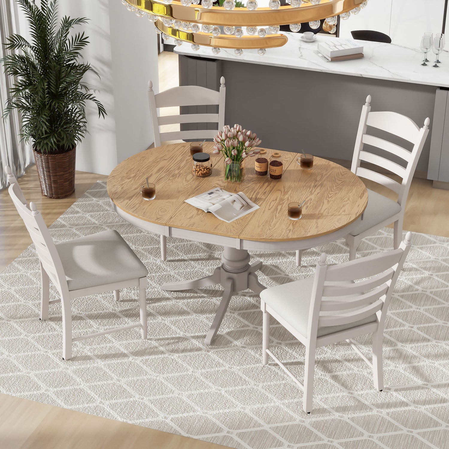 TREXM 5-Piece Retro Functional Dining Table Set Wood Round Extendable Dining Table and 4 Upholstered Dining Chairs (Off White) - Home Elegance USA