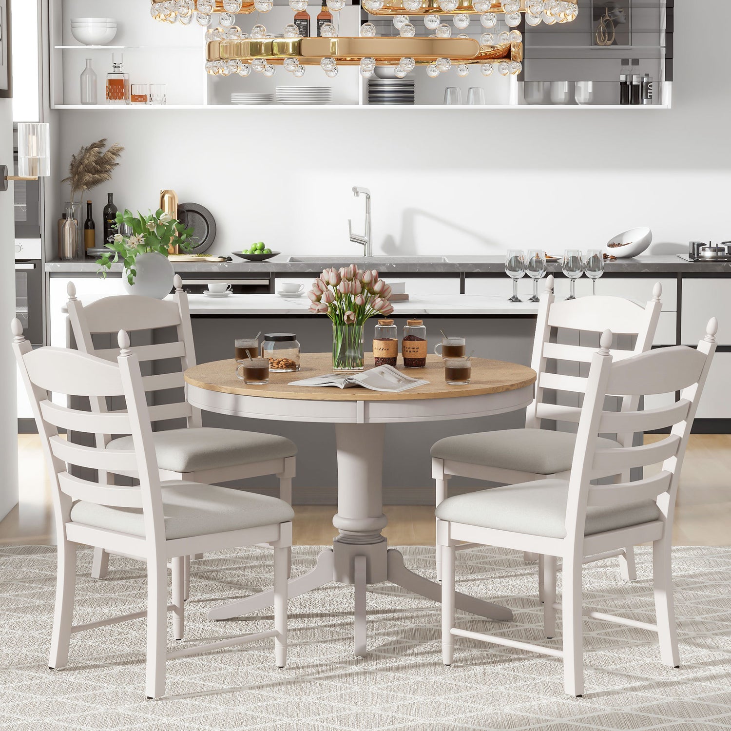 TREXM 5-Piece Retro Functional Dining Table Set Wood Round Extendable Dining Table and 4 Upholstered Dining Chairs (Off White) - Home Elegance USA