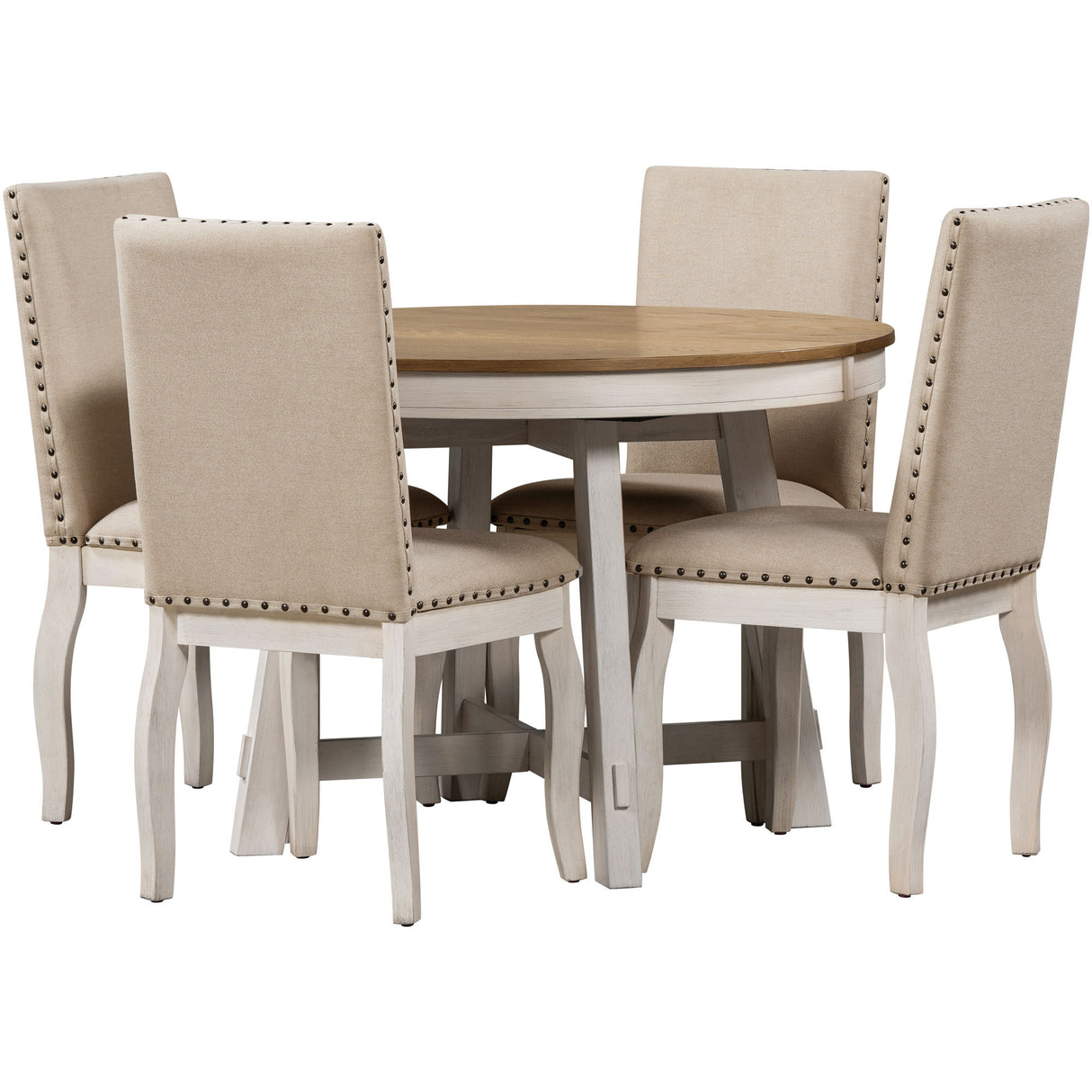 TREXM 5-Piece Farmhouse Dining Table Set Wood Round Extendable Dining Table and 4 Upholstered Dining Chairs (Oak Natural Wood + Antique White) - Home Elegance USA