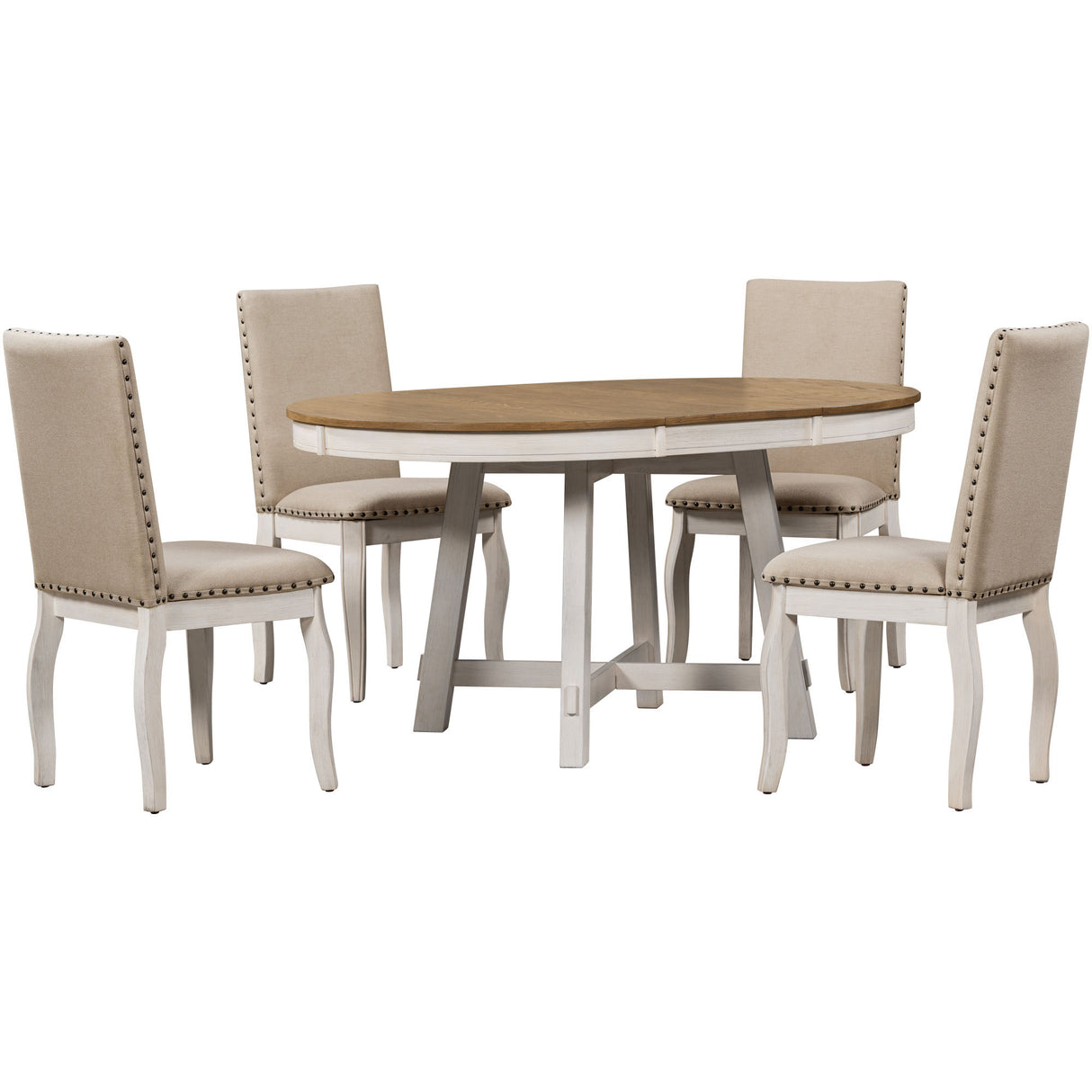 TREXM 5-Piece Farmhouse Dining Table Set Wood Round Extendable Dining Table and 4 Upholstered Dining Chairs (Oak Natural Wood + Antique White) - Home Elegance USA