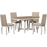 TREXM 5-Piece Farmhouse Dining Table Set Wood Round Extendable Dining Table and 4 Upholstered Dining Chairs (Oak Natural Wood + Antique White) - Home Elegance USA