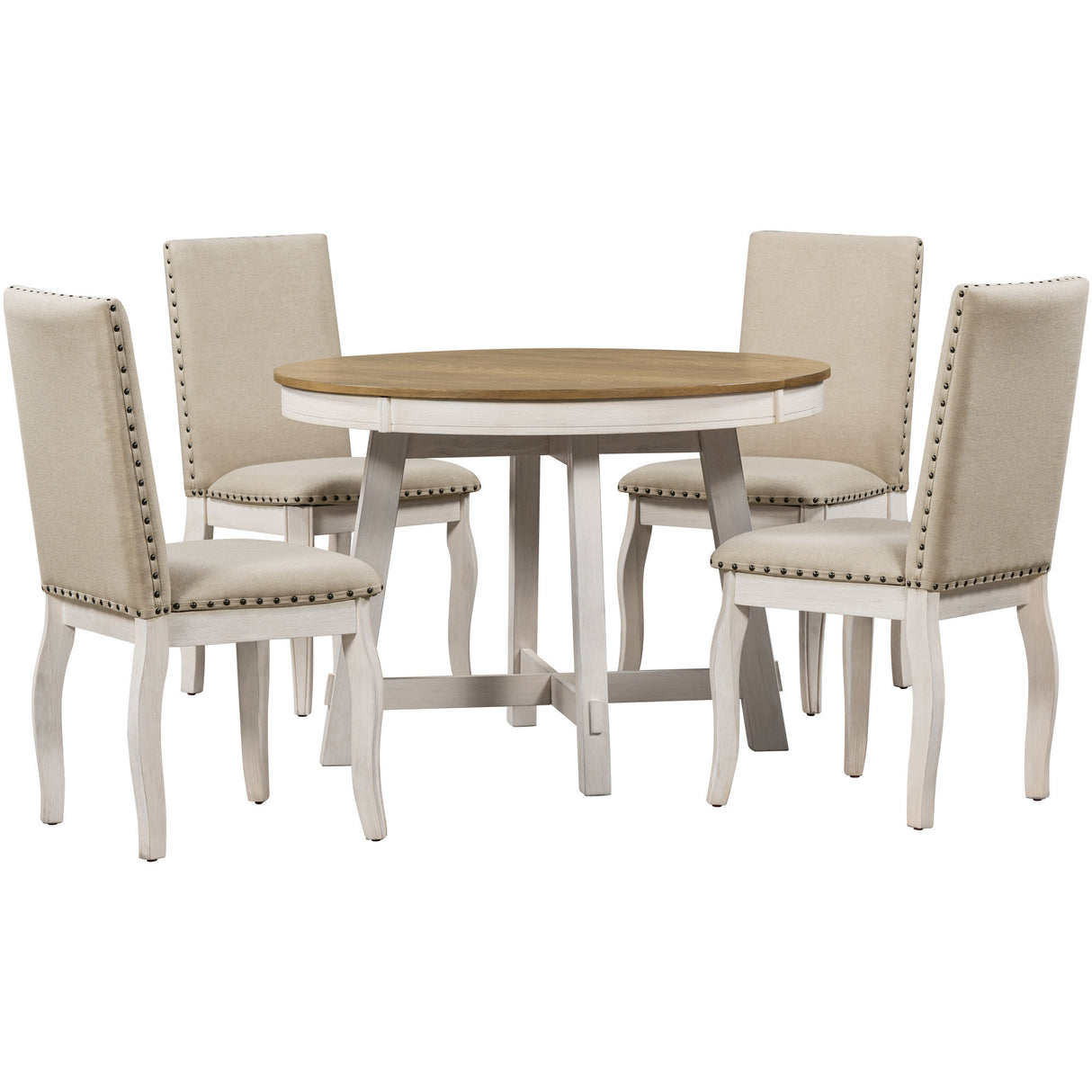 TREXM 5-Piece Farmhouse Dining Table Set Wood Round Extendable Dining Table and 4 Upholstered Dining Chairs (Oak Natural Wood + Antique White) - Home Elegance USA