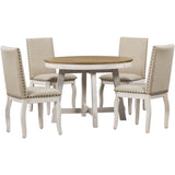 TREXM 5-Piece Farmhouse Dining Table Set Wood Round Extendable Dining Table and 4 Upholstered Dining Chairs (Oak Natural Wood + Antique White) - Home Elegance USA