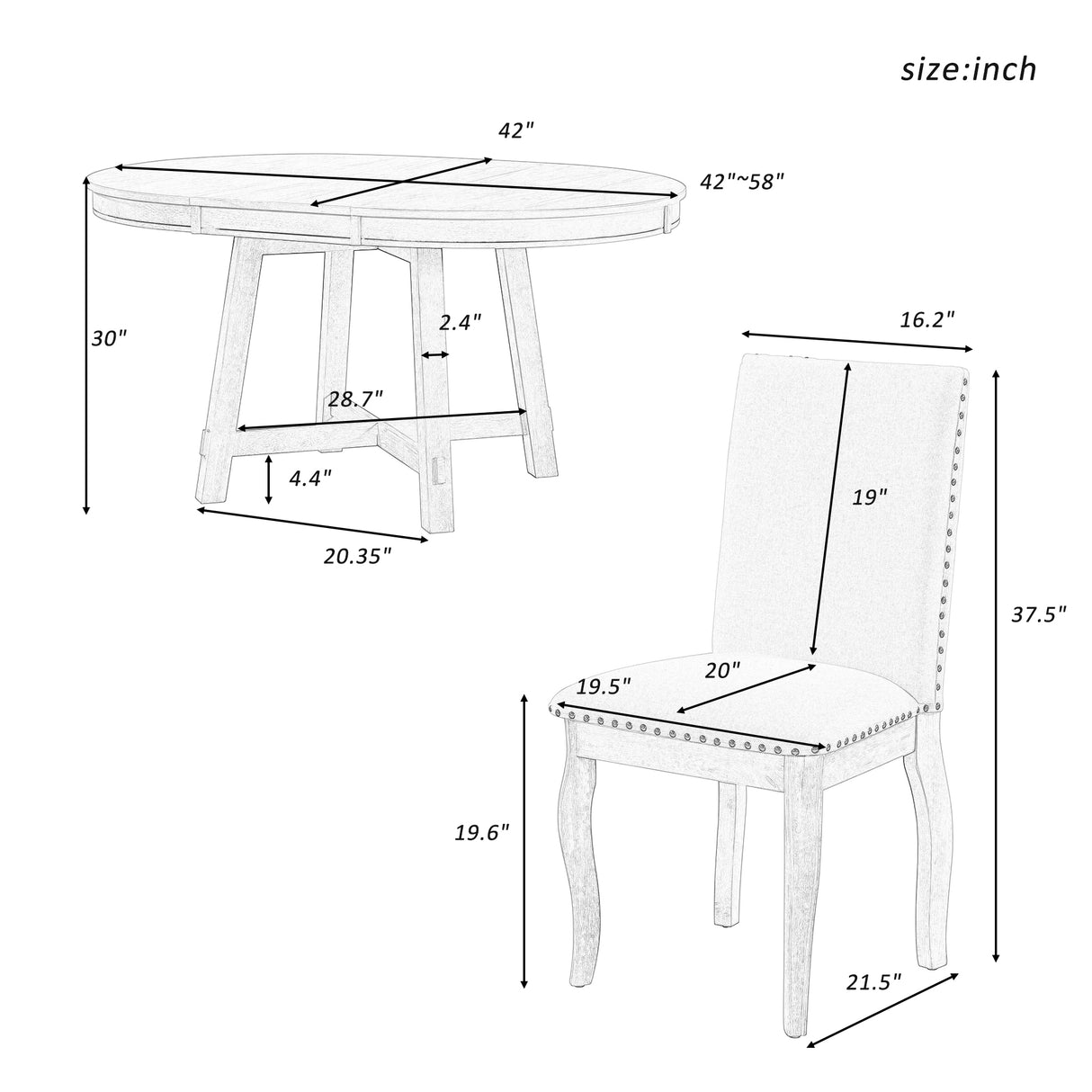 TREXM 5-Piece Farmhouse Dining Table Set Wood Round Extendable Dining Table and 4 Upholstered Dining Chairs (Oak Natural Wood + Antique White) - Home Elegance USA