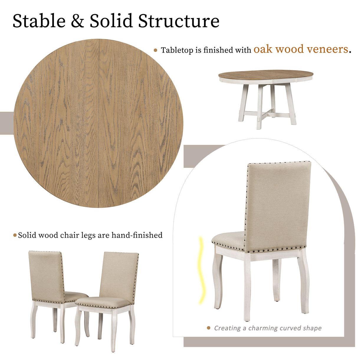 TREXM 5-Piece Farmhouse Dining Table Set Wood Round Extendable Dining Table and 4 Upholstered Dining Chairs (Oak Natural Wood + Antique White) - Home Elegance USA