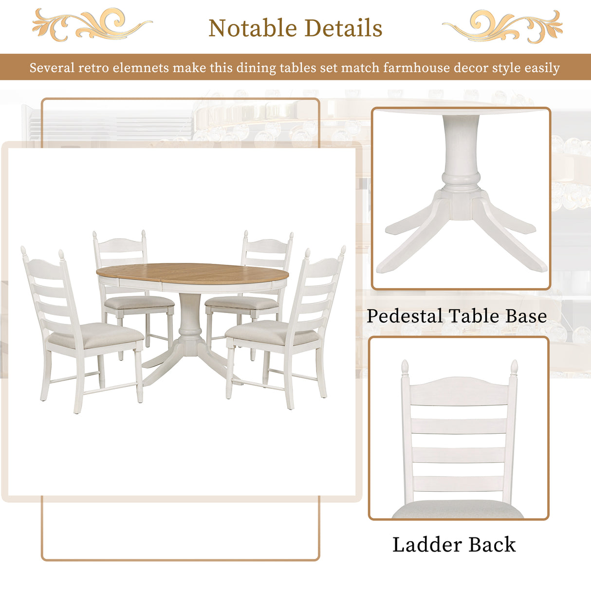TREXM 5-Piece Retro Functional Dining Table Set Wood Round Extendable Dining Table and 4 Upholstered Dining Chairs (Off White) - Home Elegance USA