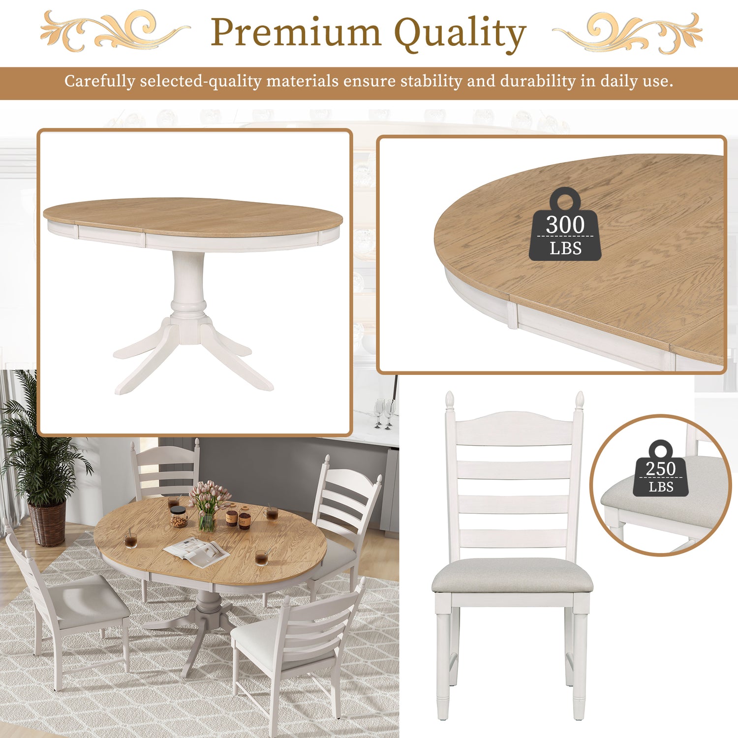 TREXM 5-Piece Retro Functional Dining Table Set Wood Round Extendable Dining Table and 4 Upholstered Dining Chairs (Off White) - Home Elegance USA