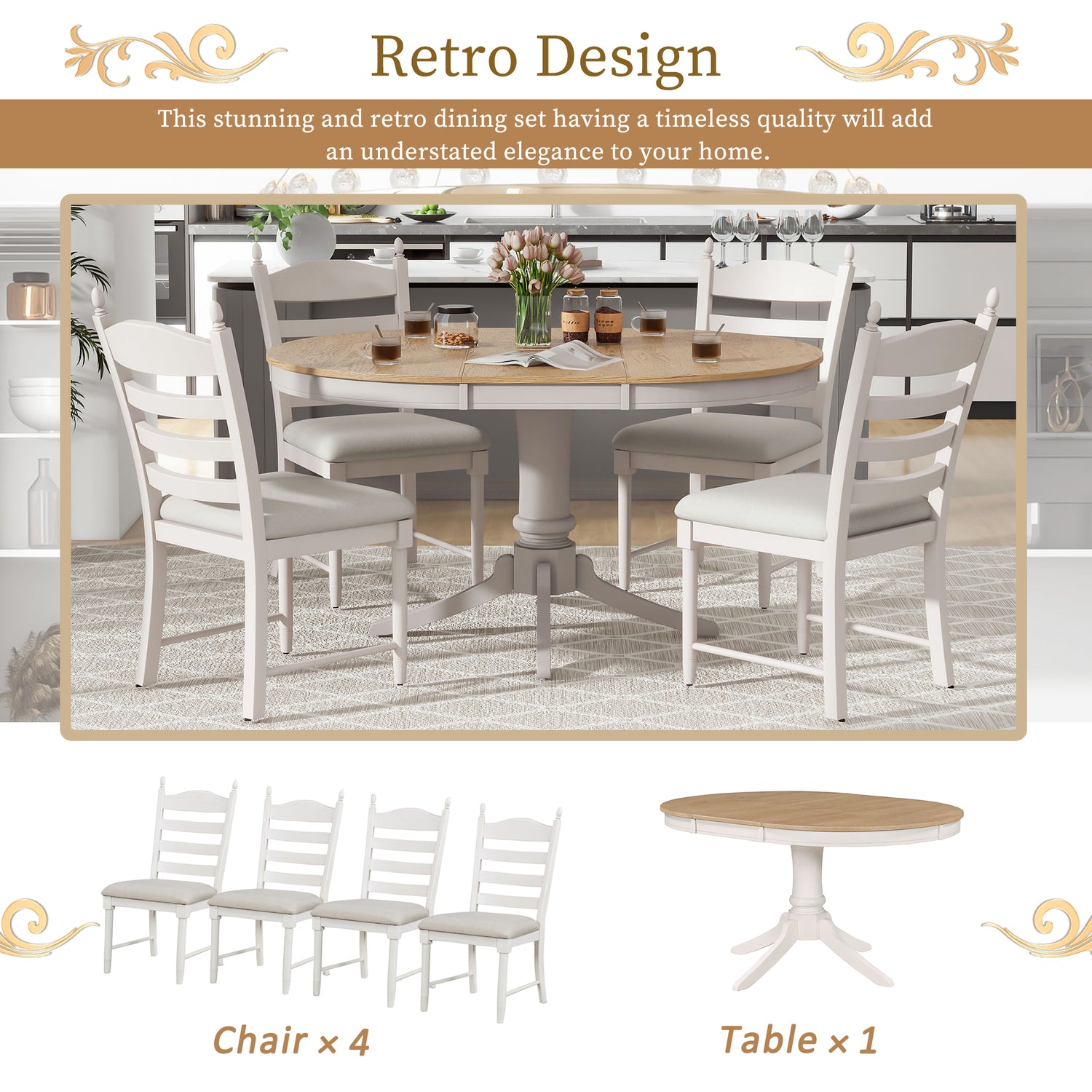 TREXM 5-Piece Retro Functional Dining Table Set Wood Round Extendable Dining Table and 4 Upholstered Dining Chairs (Off White) - Home Elegance USA