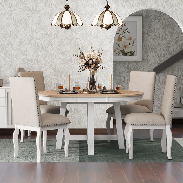 TREXM 5-Piece Farmhouse Dining Table Set Wood Round Extendable Dining Table and 4 Upholstered Dining Chairs (Oak Natural Wood + Antique White) - Home Elegance USA