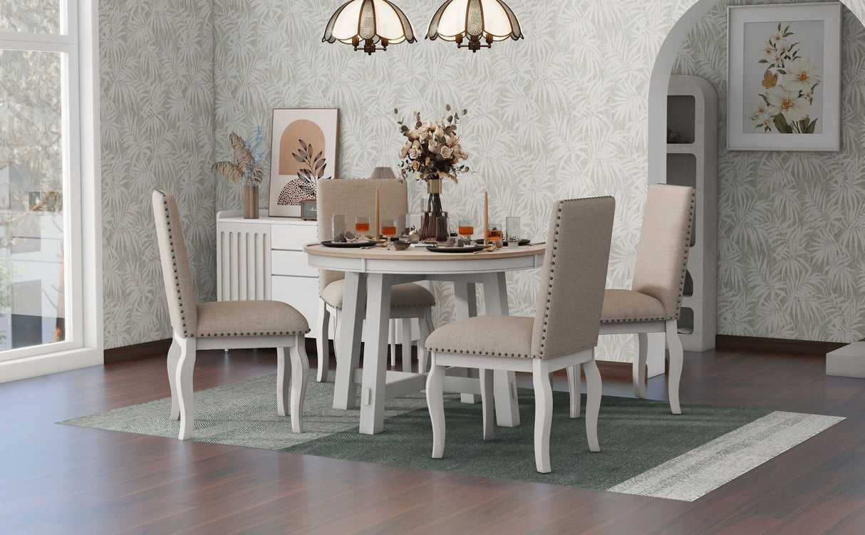 TREXM 5-Piece Farmhouse Dining Table Set Wood Round Extendable Dining Table and 4 Upholstered Dining Chairs (Oak Natural Wood + Antique White) - Home Elegance USA